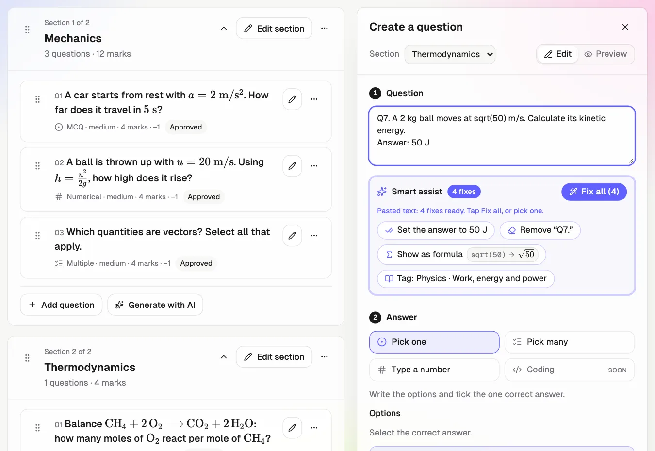 Qwiktest question editor: a pasted physics question with Smart Assist showing 4 fixes and a Fix all button