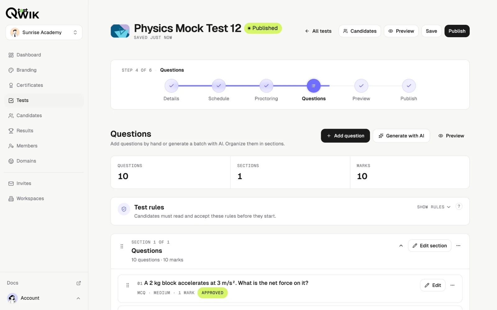 Qwiktest test builder with 10 approved MCQ questions