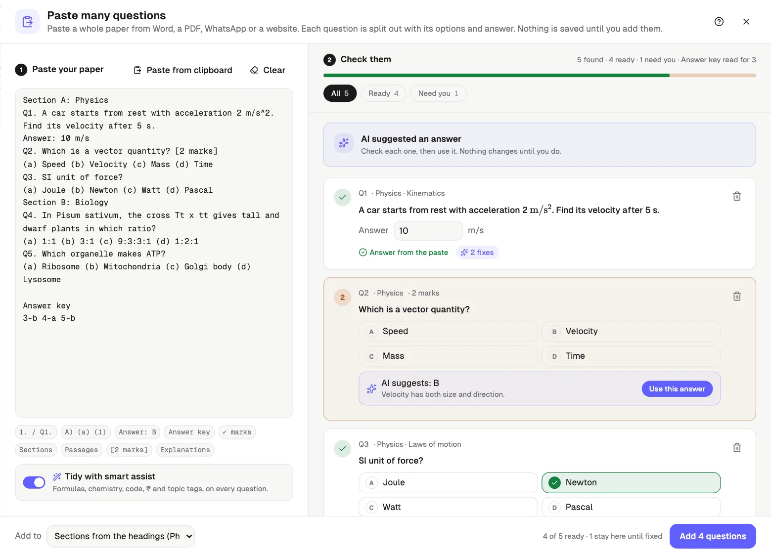 Qwiktest paste panel with a whole paper pasted on the left and five questions found on the right, one with an AI-suggested answer