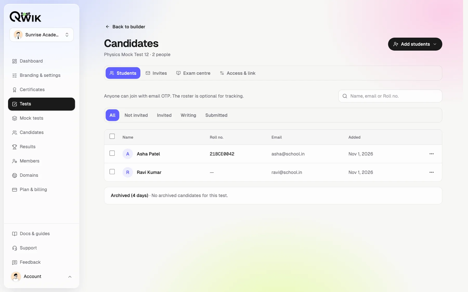 The test's student list with a Roll no. column, search by name, email or roll number, and filters for not invited, invited, writing and submitted