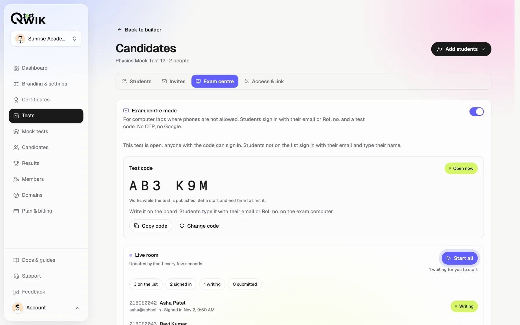 The test's Candidates page in Qwiktest on the Exam centre tab: Exam centre mode on, test code AB3 K9M with Copy code and Change code, and the live room below