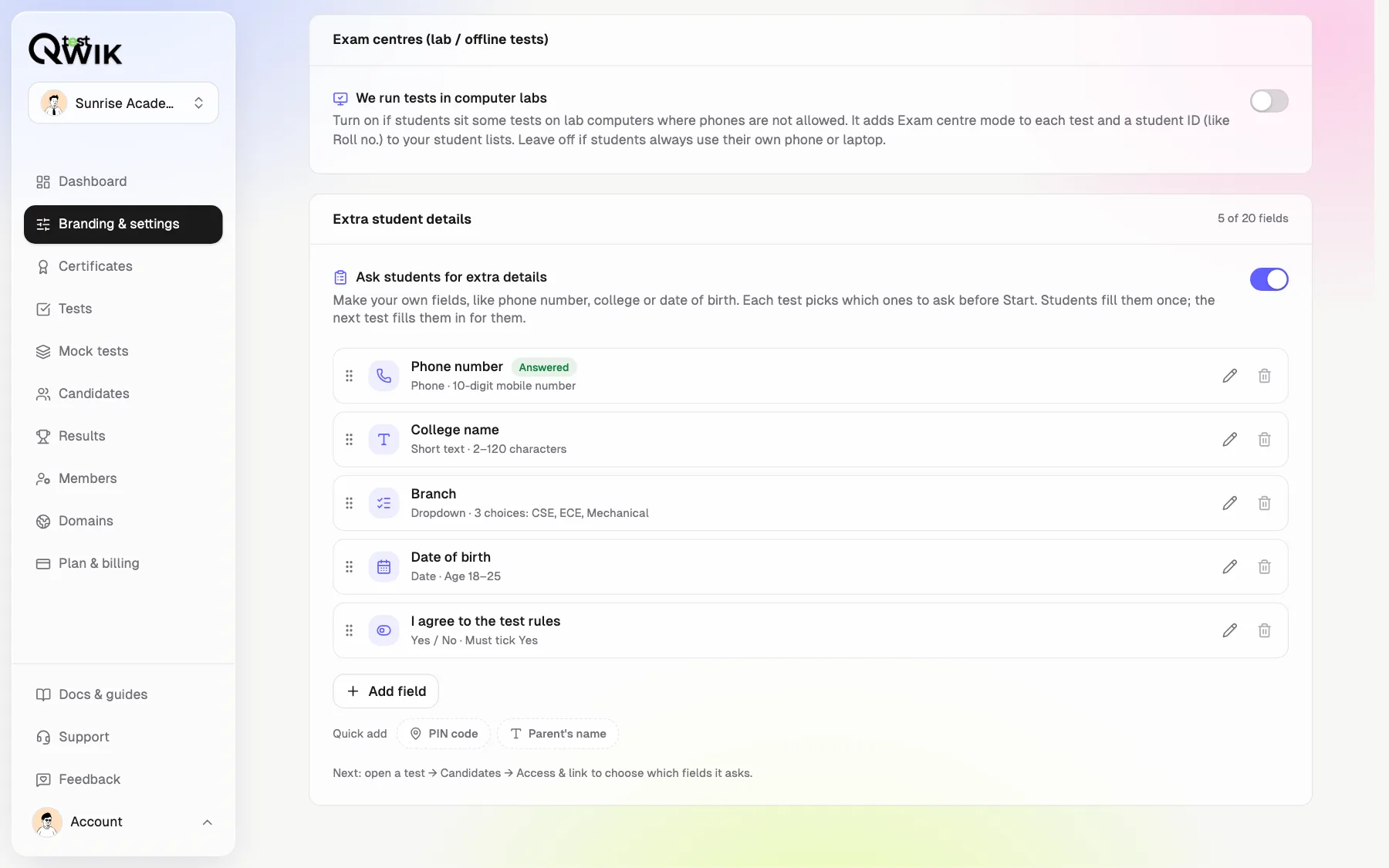 Branding & settings in Qwiktest: Extra student details turned on, with Phone number, College name, Branch, Date of birth and I agree to the test rules, each with its check