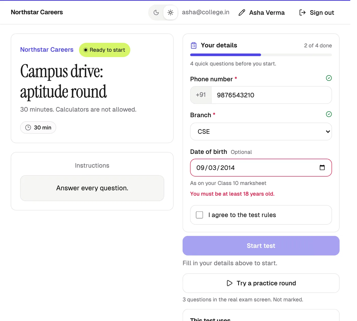 The student's test page: Your details with phone number and branch ticked, a date of birth refused for age, and Start test waiting