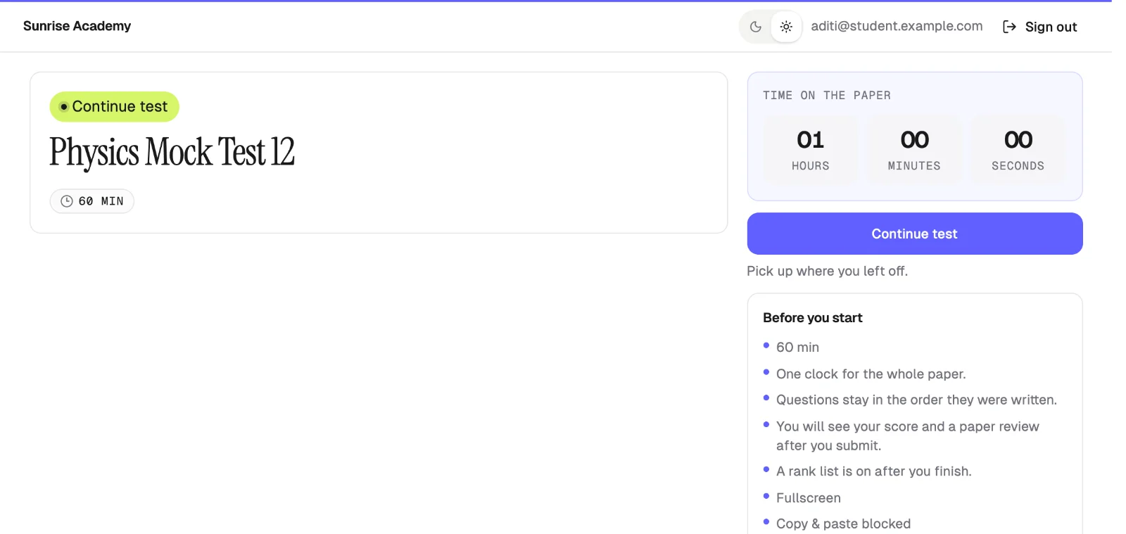 A white-labelled Qwiktest exam lobby for Sunrise Academy