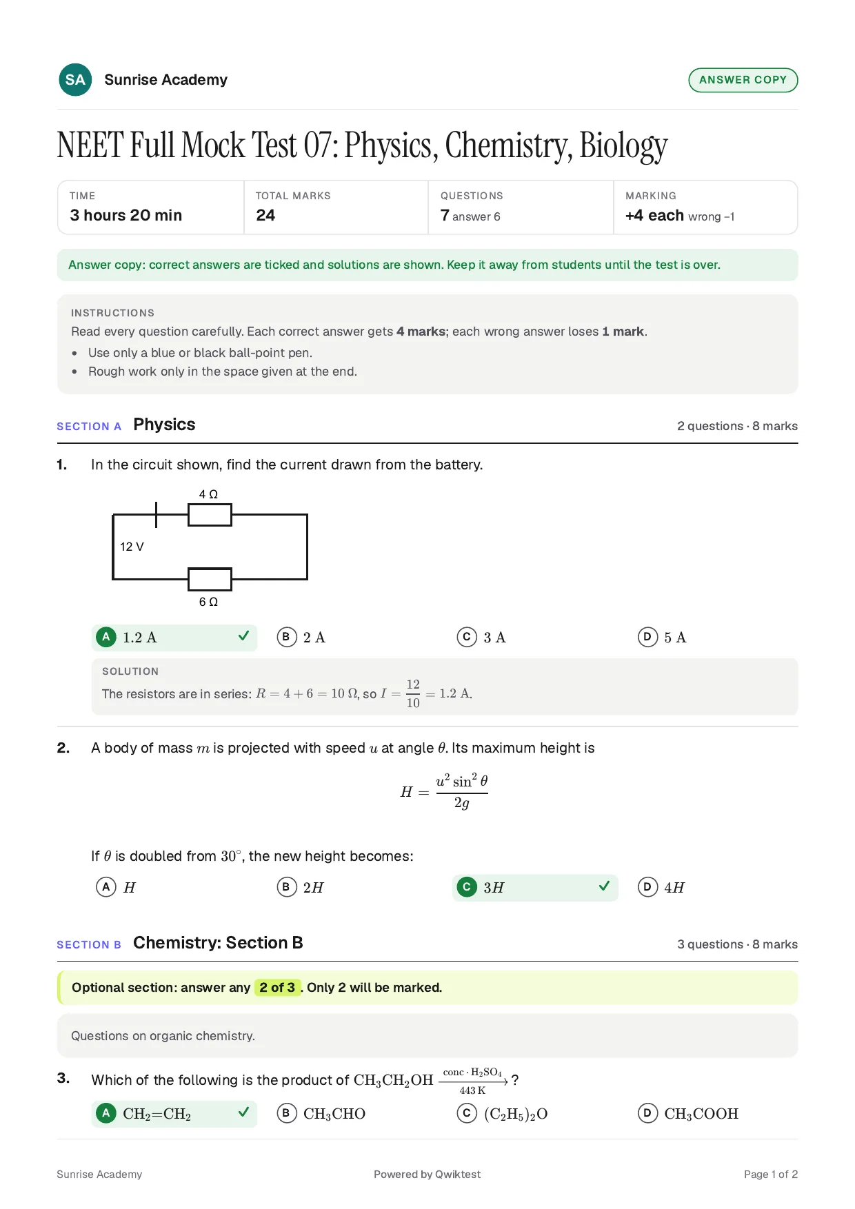 A printed Qwiktest answer copy: institute name, test title, time, total marks, an optional chemistry section, and ticked answers