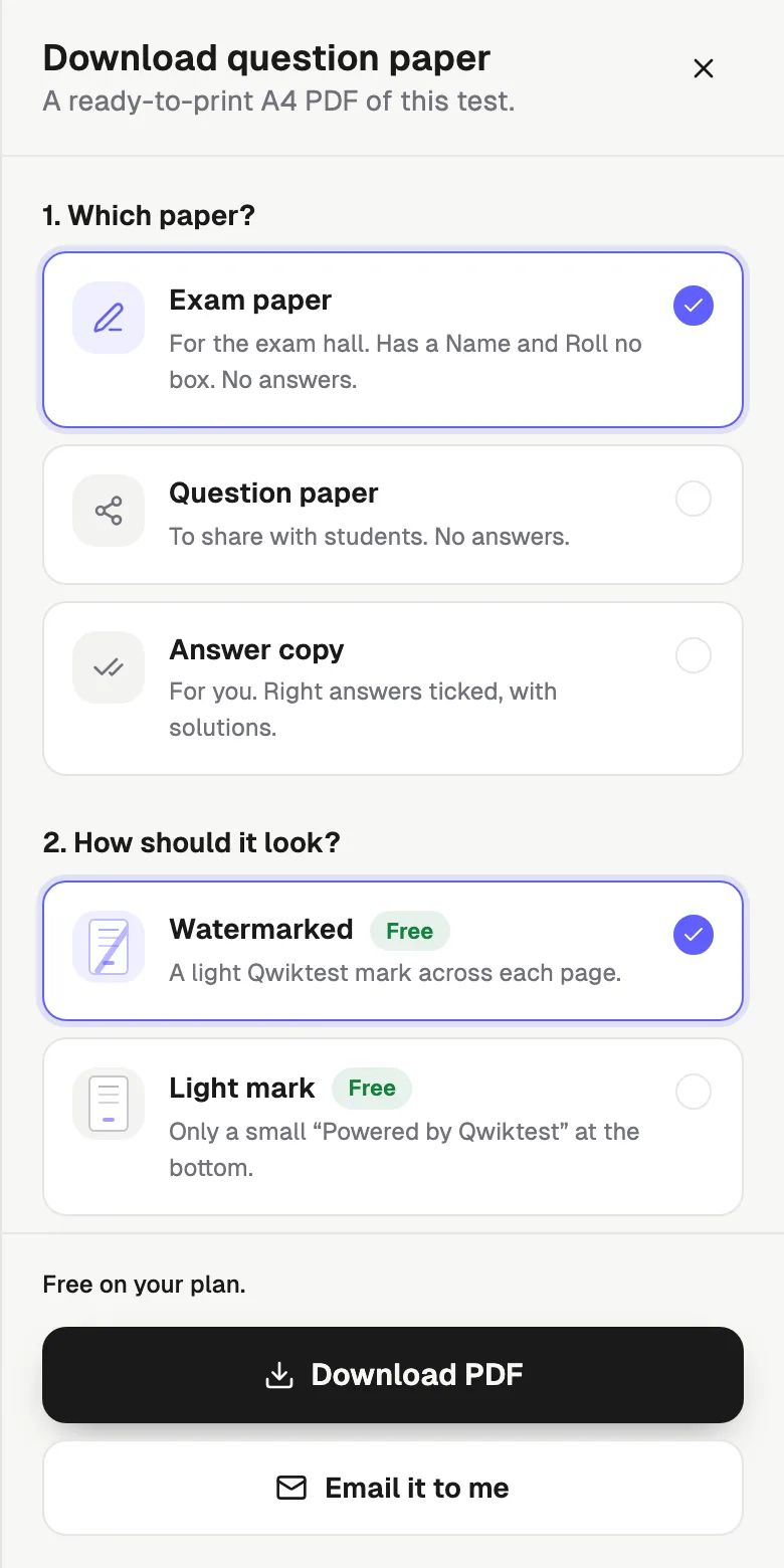 The Download question paper panel on a phone: three copies, three looks and a Download PDF button