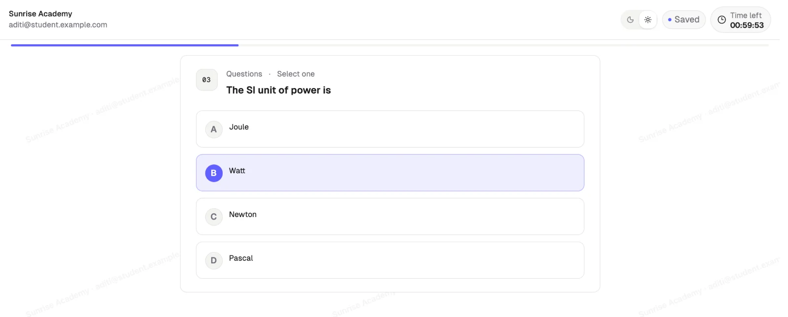 Student answering an MCQ in the Qwiktest exam player with a live timer