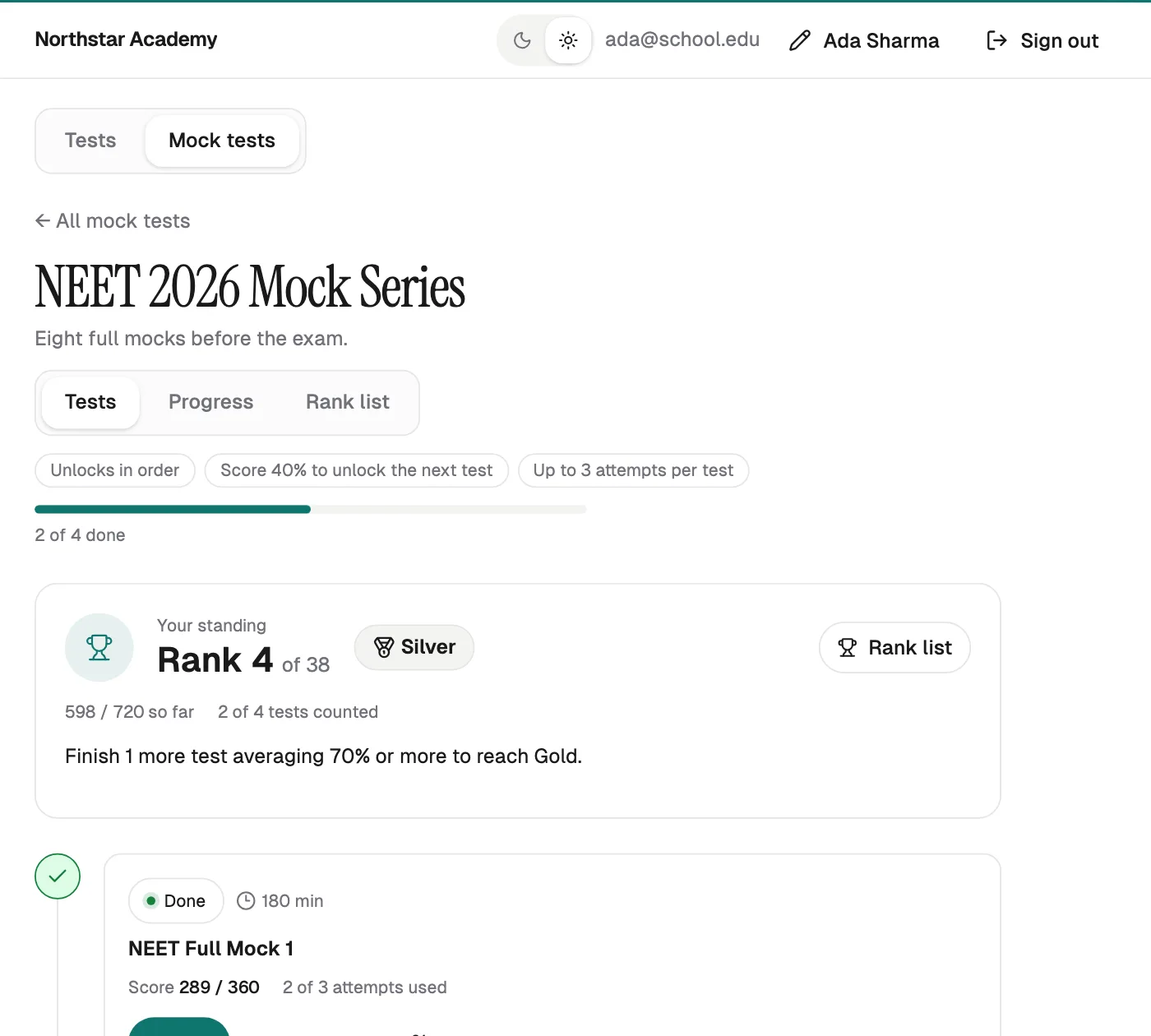 A student's Qwiktest mock test series page: NEET 2026 Mock Series, unlocks in order, 2 of 4 done, rank 4 of 38 at Silver level, and the first test done with Retake and Compare attempts