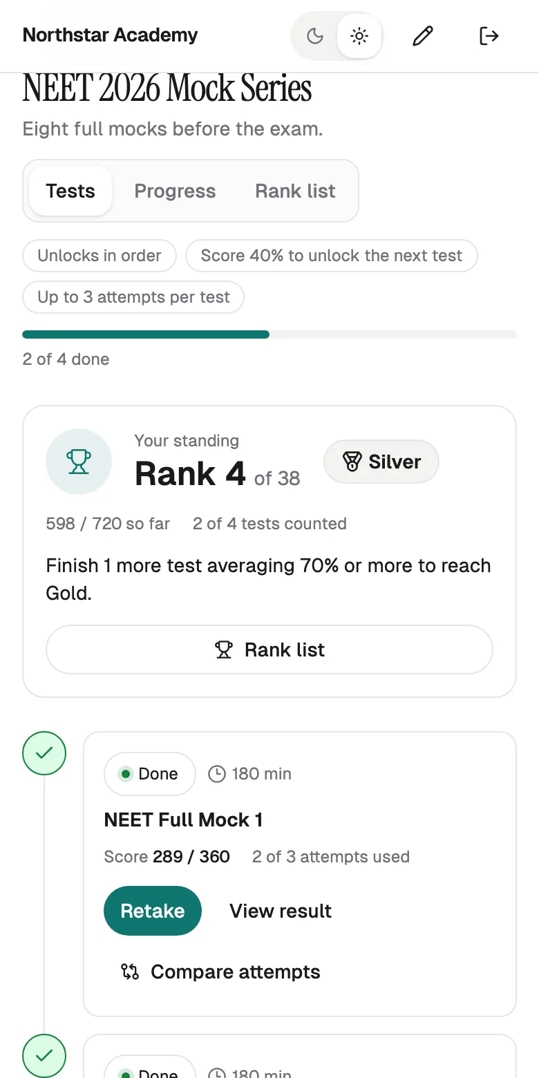 The mock test series page on a phone: rank 4 of 38, Silver level, and a full-width Rank list button above the tests