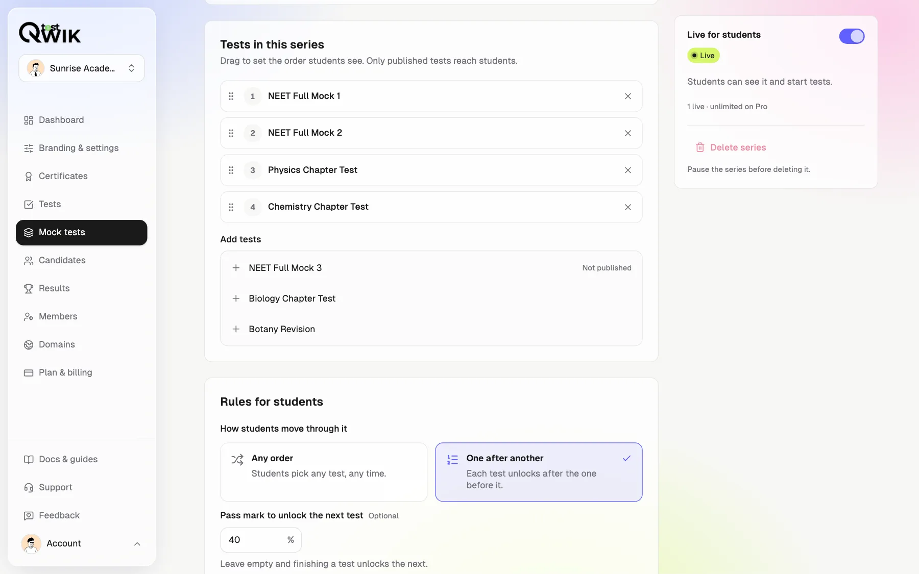 Qwiktest series editor: four tests in order with drag handles, tests to add, one-after-another unlocking with a 40% pass mark, and a Live switch